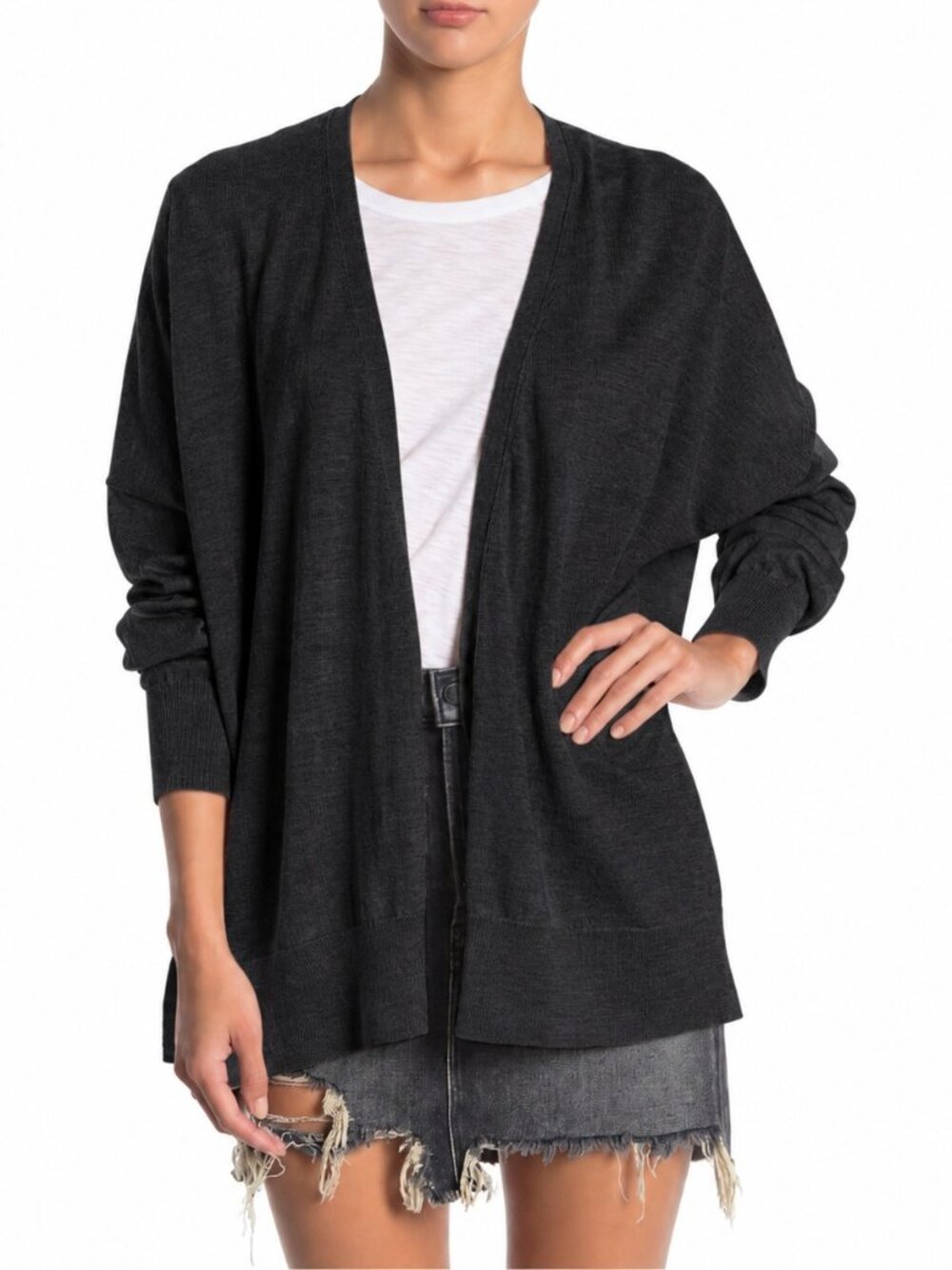 ALLSAINTS Inaya Merino Wool Relaxed V-Neck Open Front Charcoal Grey Cardigan M